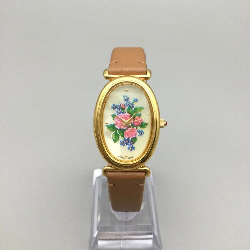 Avon Watch Women 24mm MOP Floral Dial Gold Tone Leather Band New Battery - Picture 2 of 15